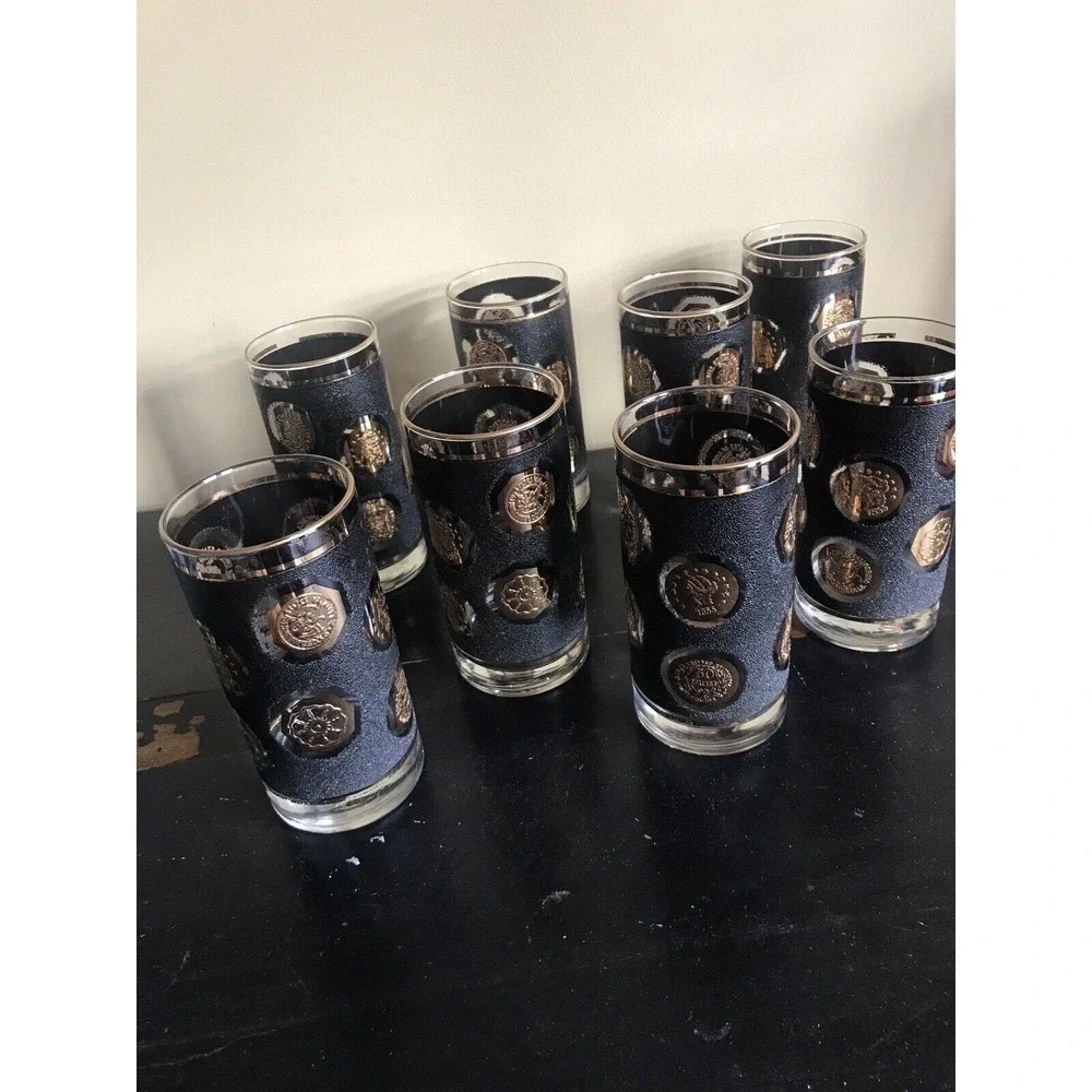 Libbey Black With Gold Coin Highball‎ Tea Glasses Set Of 2